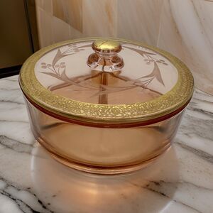 Pink Depression Glass 3 Section Gilt and Etched Top Dressing Table Box RARE!